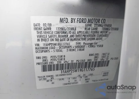 2009 Ford Taurus Limited from USA, damaged, VIN 1FAHP25W19G117765